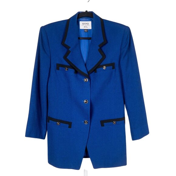 Kasper Jackets & Blazers - Kasper VTG Wool Jacket 6 Womens Blue Black Piping Button Winter 1980s Pockets